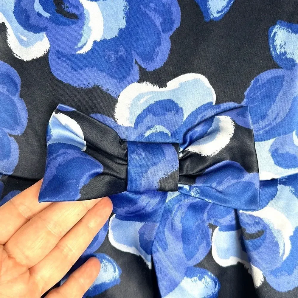 JANIE and JACK Blue Blossom Floral Satin Formal Dress Cap Sleeves Bow Detail 4